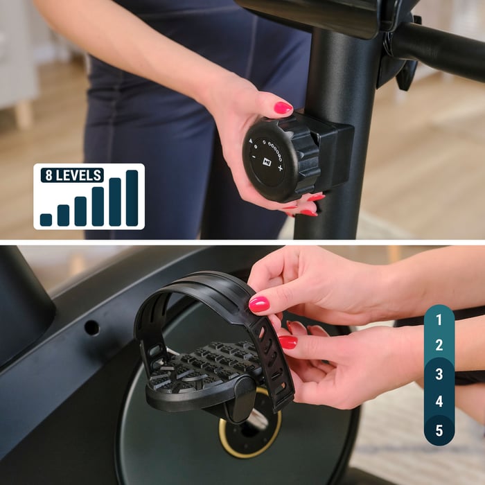 Bicicleta Spark dorado equipada con ajuste de resistencia magnética y ajuste de correas en los pedales