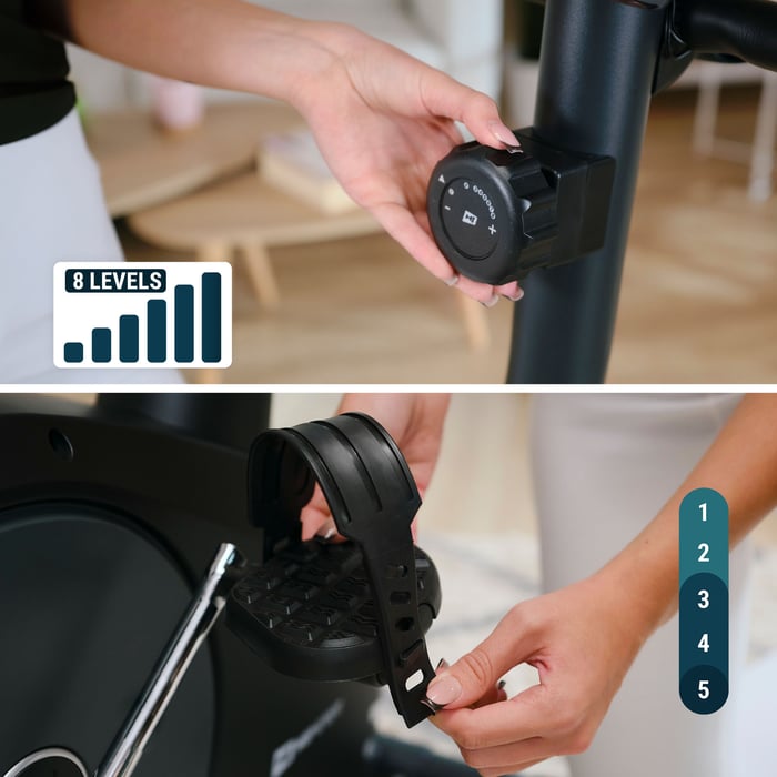 Bicicleta Spark plata equipada con regulación de resistencia magnética y ajuste de correas en los pedales