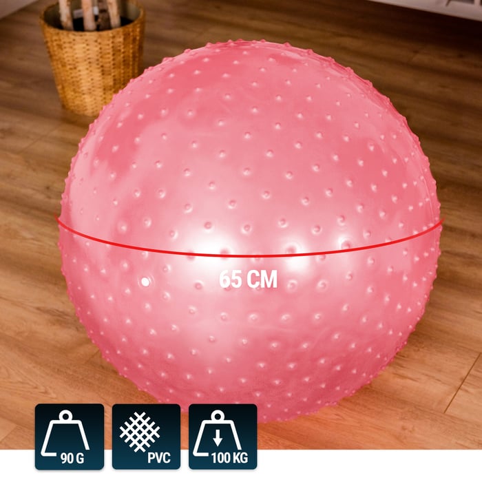 Pelota de gimnasia rosa de la marca Hop-Sport con un diámetro de 65cm y una resistencia de 100kg