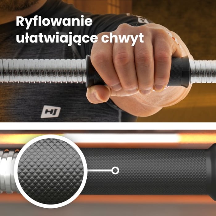 Cerca del agarre estriado en la barra para mancuernas de la marca Hop-sport