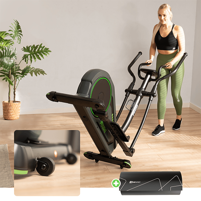 Elíptica de entrenamiento HS-120C Prim equipada con ruedas de transporte y patas estabilizadoras 