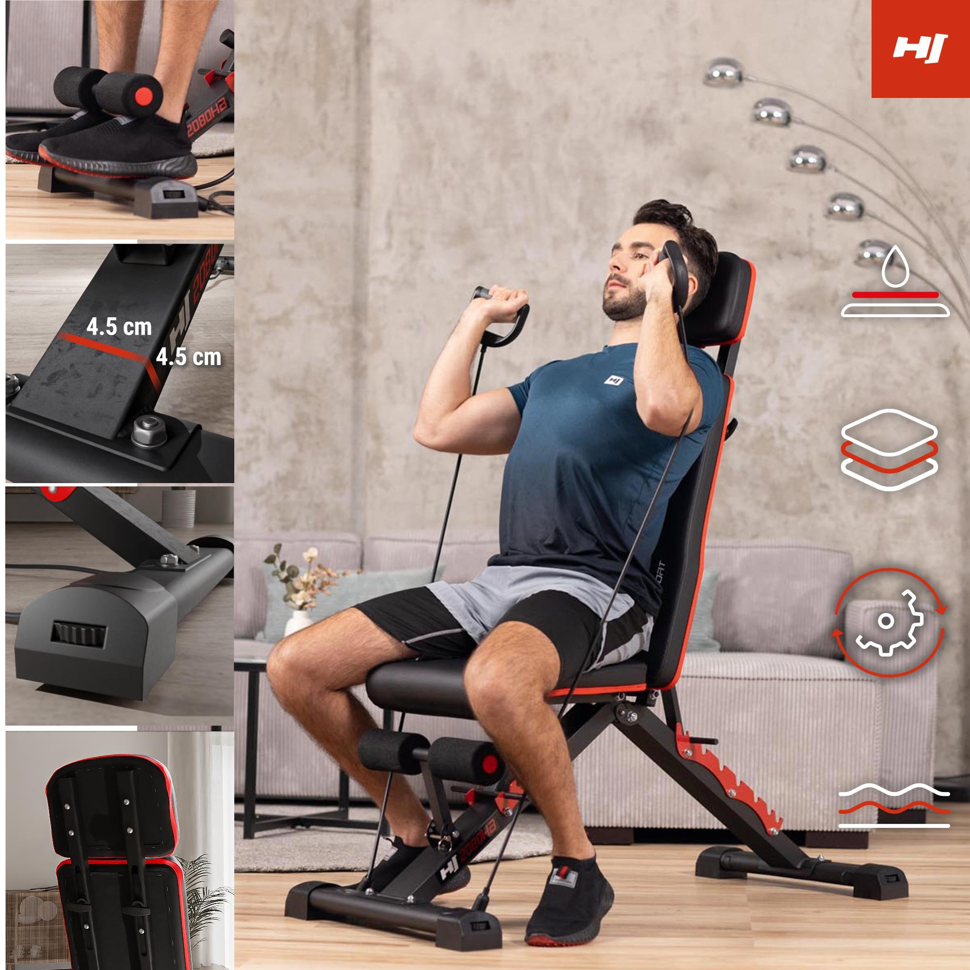 Ventajas del banco 2080HB espuma protectora, perfil ancho y resistente, patas con posibilidad de nivelación, respaldo ajustable