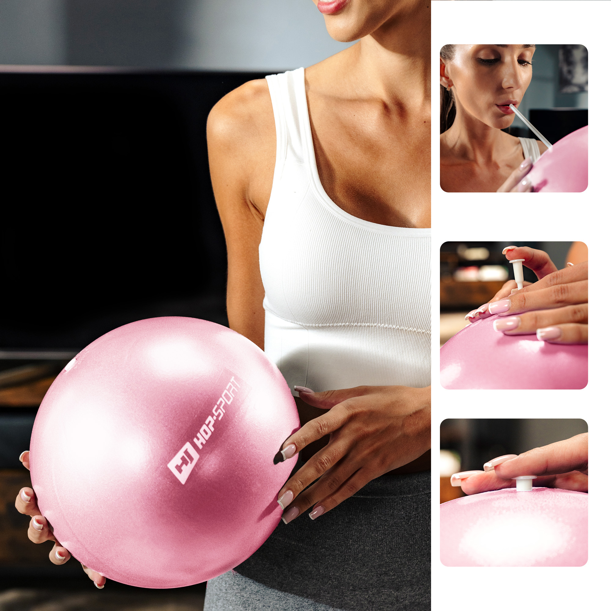 Pelota rosa de pilates Hop-Sport con tubo para inflar