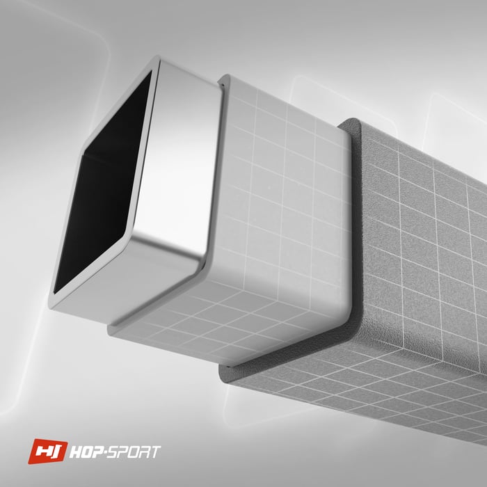 Sección transversal del perfil de acero en el equipo deportivo de la marca Hop-sport