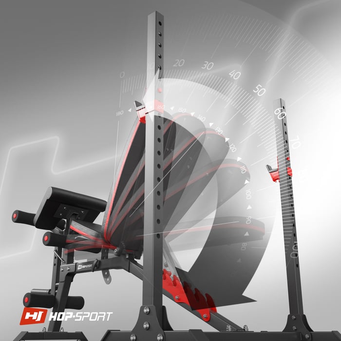 Mostrada regulación del respaldo en el banco de entrenamiento HS-1095 de la marca Hop-sport
