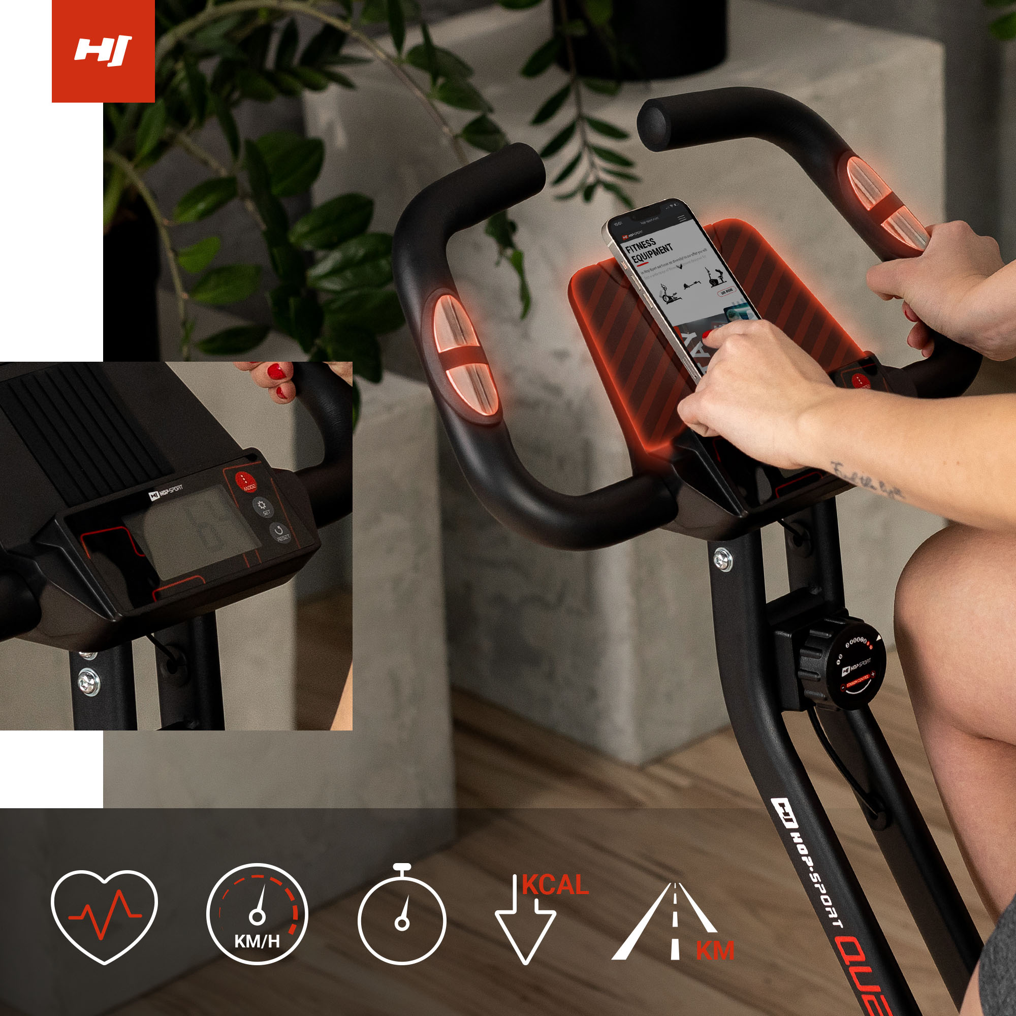 Computadora en la bicicleta plegable Quest monitoreando el ritmo cardíaco