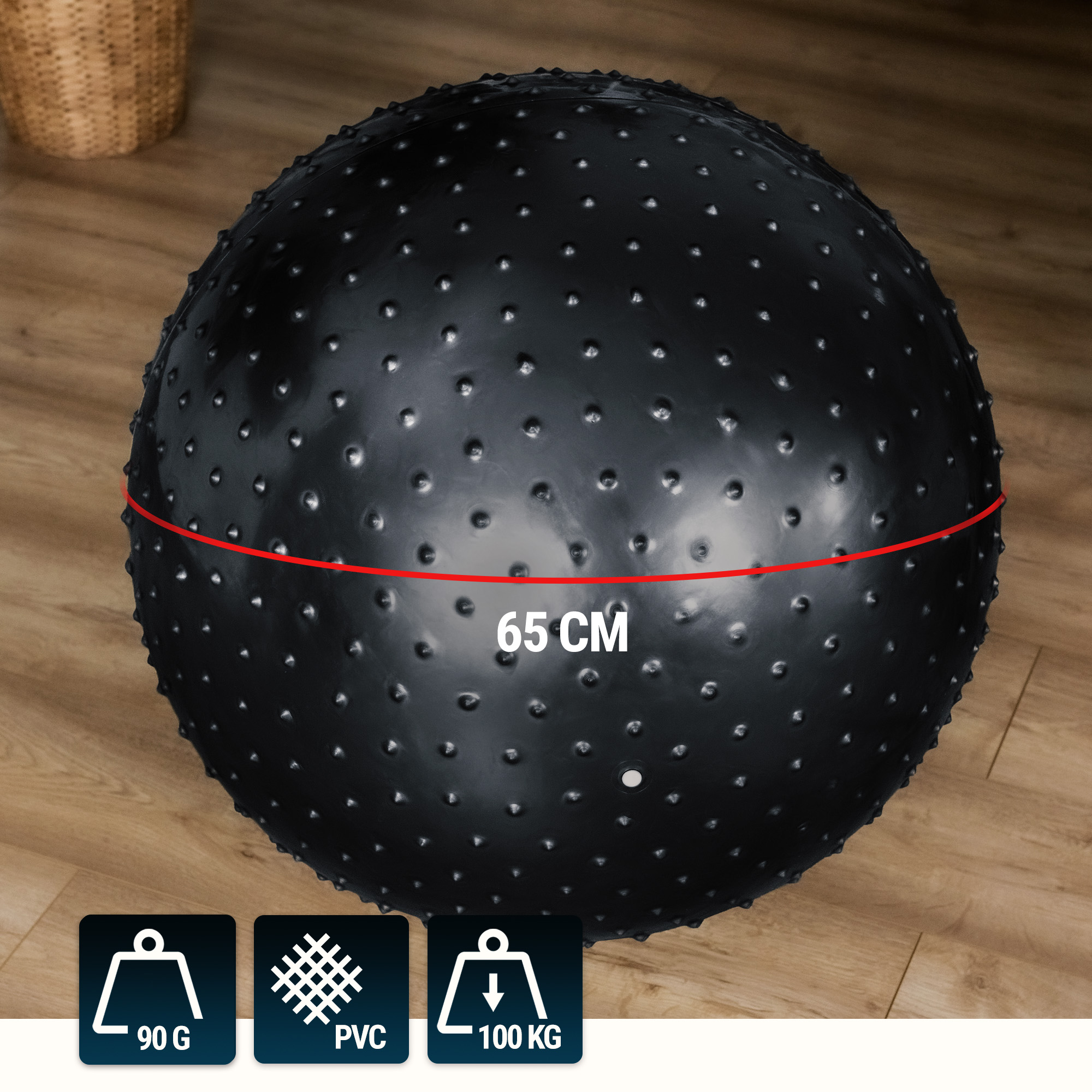 Pelota negra con protuberancias de 65 cm de diámetro y resistencia de 100 kg de la marca Hop-Sport