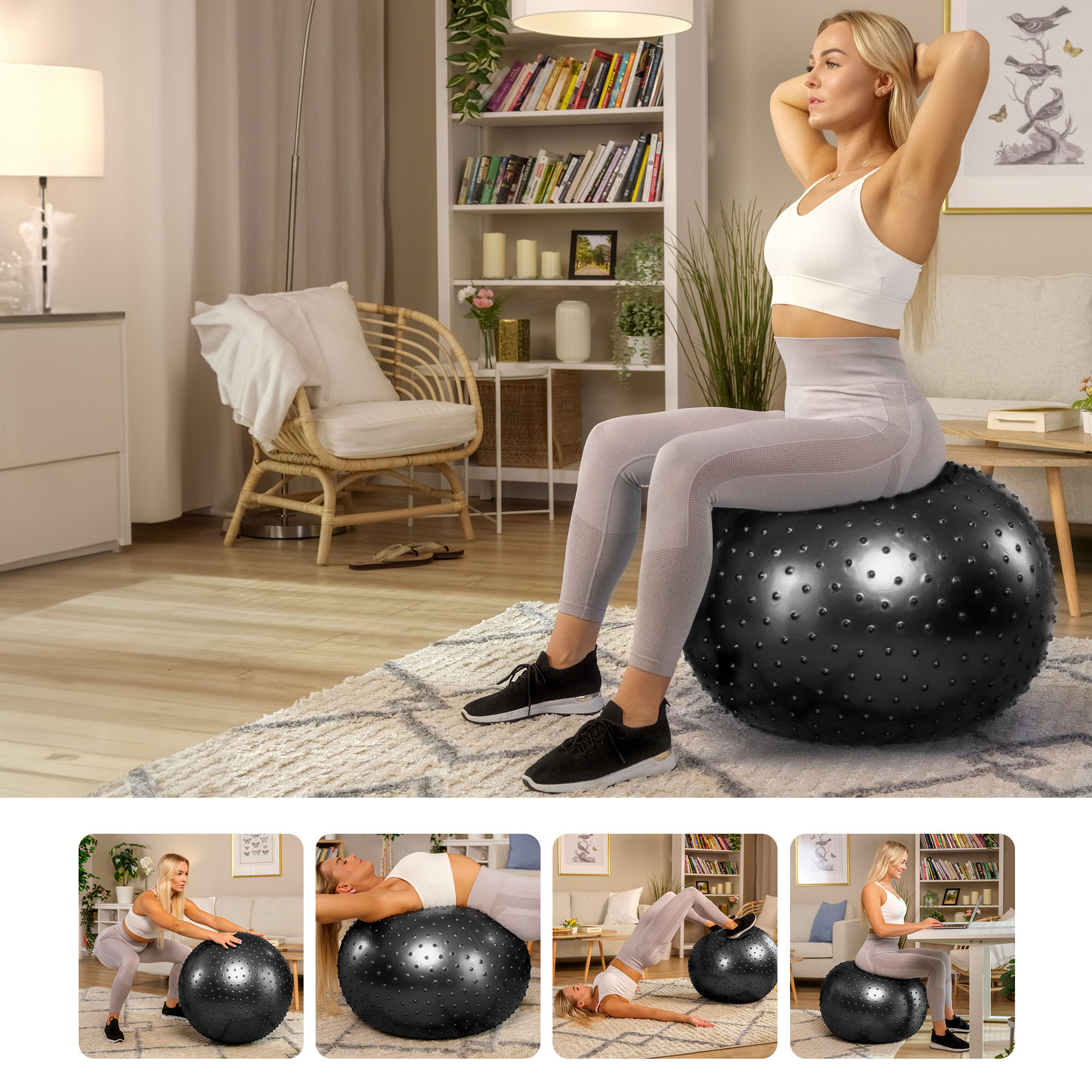Mujer realiza diferentes tipos de ejercicios en una pelota negra con protuberancias de la marca Hop-Sport