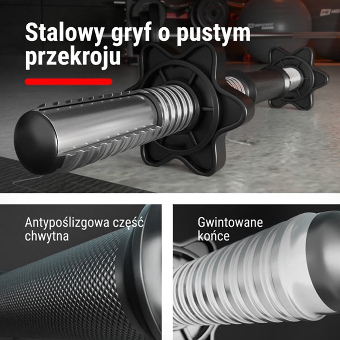 Barra en el conjunto de mancuernas bituminosas Hop-sport y un acercamiento al roscado en la barra