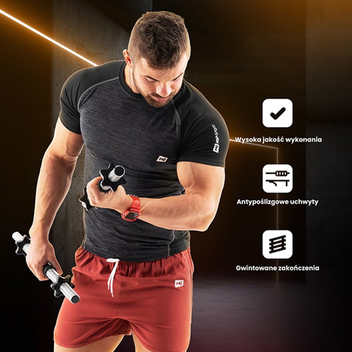 Chico sosteniendo en sus manos una barra para mancuernas de la marca Hop-sport