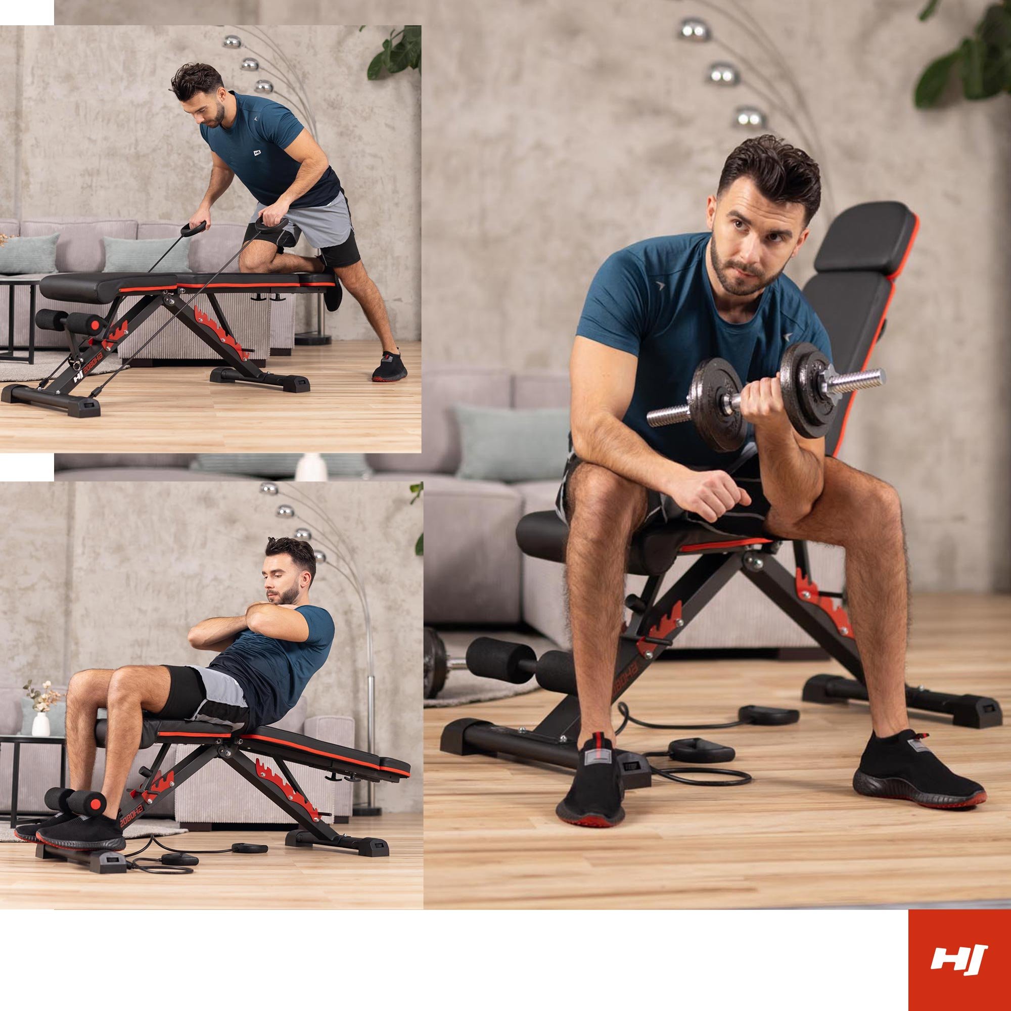 Banco regulable 2080HB de la marca Hop-Sport posibilidad de ejercicio en múltiples configuraciones de respaldo