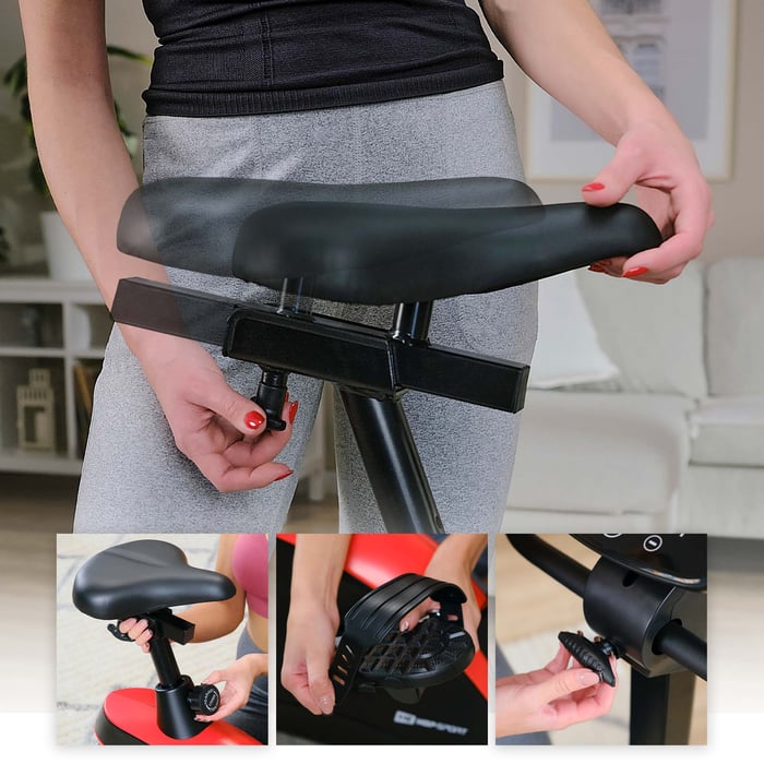 Bicicleta estática HS-005H Host roja con ajuste vertical y horizontal del sillín, ajuste del manillar y correas de pedales