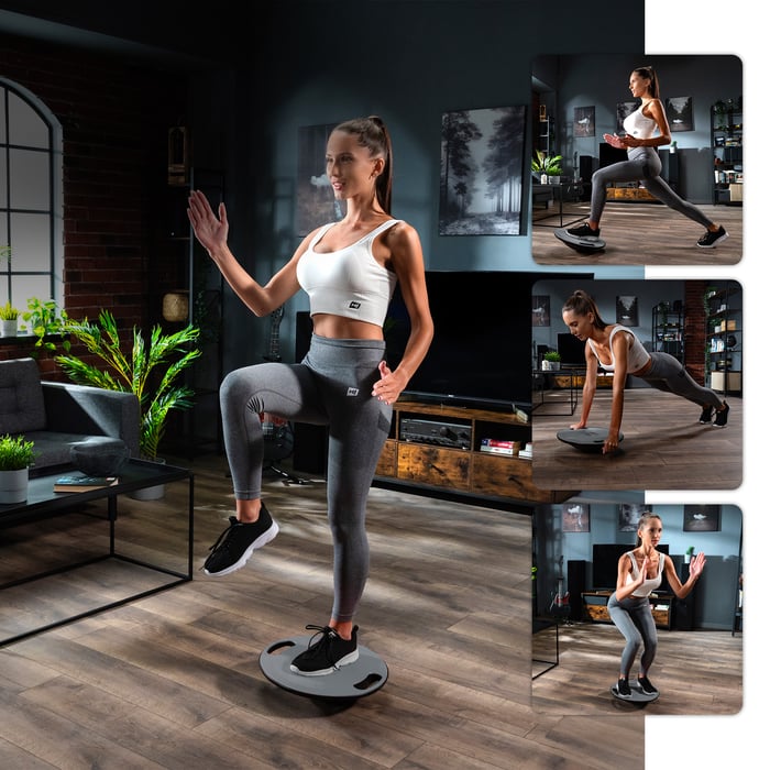mujer ejercitándose en el disco de equilibrio en color gris de la marca Hop-Sport