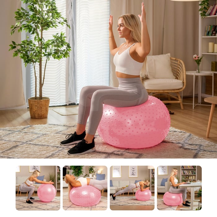 Mujer realizando varios ejercicios con la ayuda de una pelota con protuberancias rosa de 65cm de la marca Hop-Sport