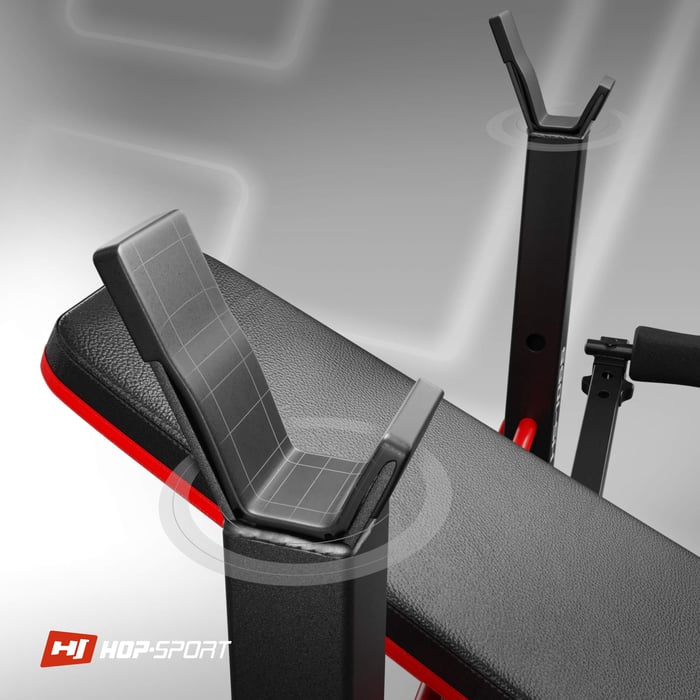 Acercamiento a los soportes para barra en el banco de entrenamiento HS-1055 de la marca Hop-sport