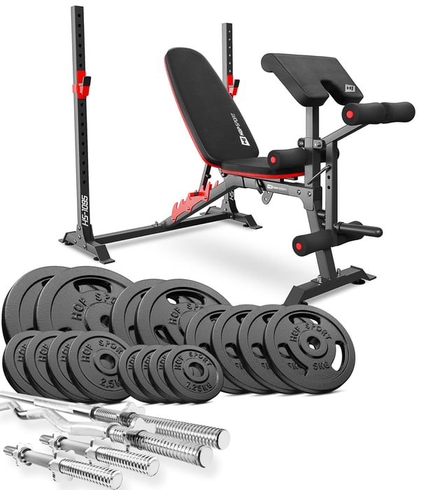 Contenido del conjunto con pesas de hierro fundido de 116kg y banco de entrenamiento HS-1095 de la marca Hop-sport