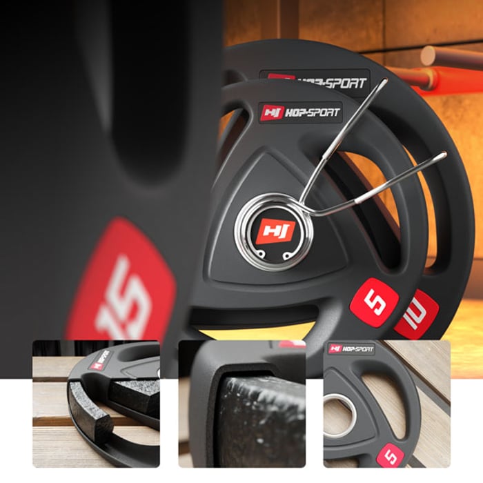 Acercamiento a los detalles en el peso olímpico de la marca Hop-sport 