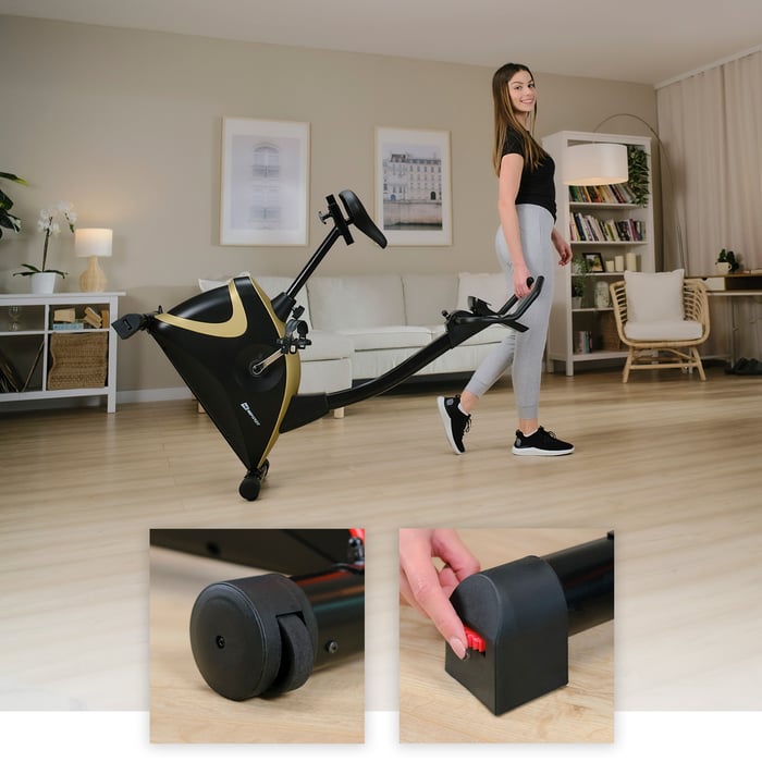 Bicicleta estática HS-005H Host dorada con patas niveladoras y ruedas de transporte