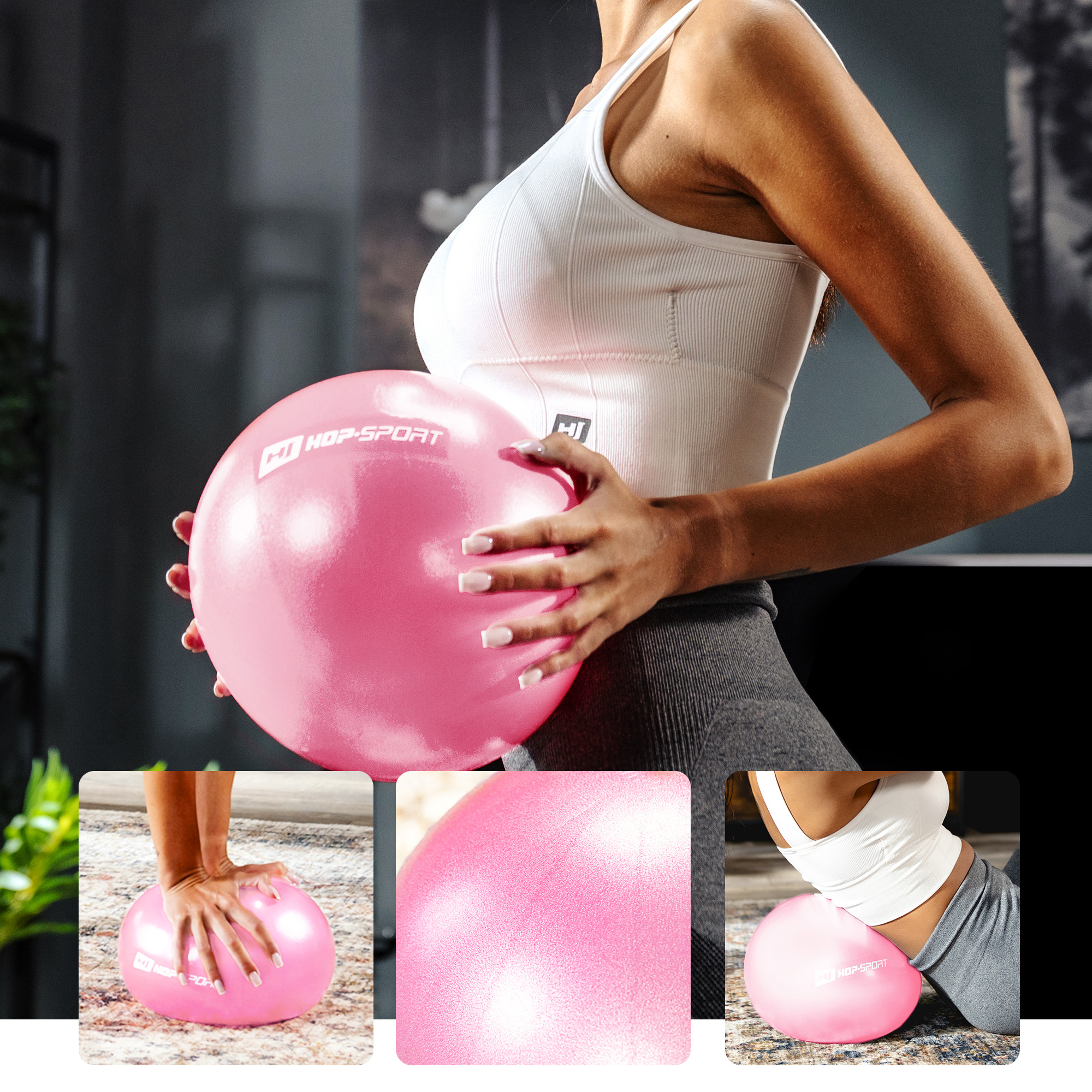 Modelo ejercitándose con una pelota rosa de pilates Hop-Sport
