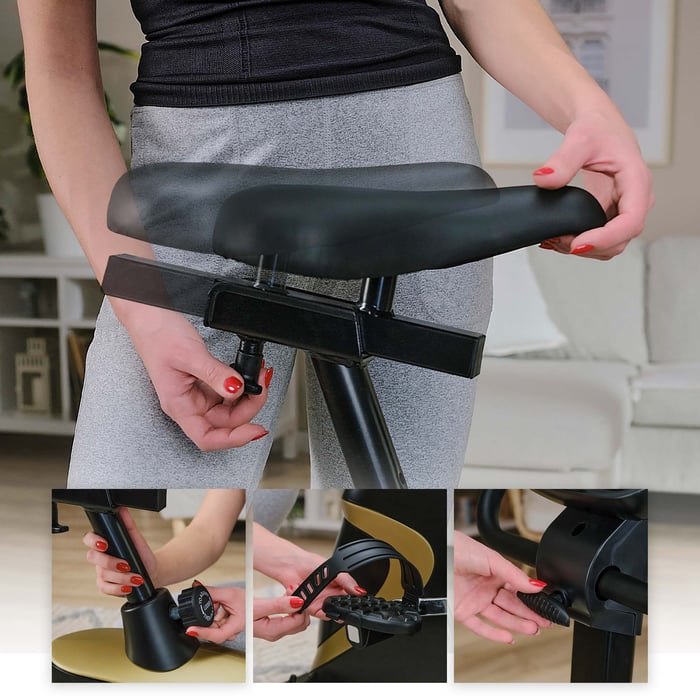 Bicicleta estática HS-005H Host dorada con ajuste vertical y horizontal del sillín, ajuste del manillar y correas de los pedales