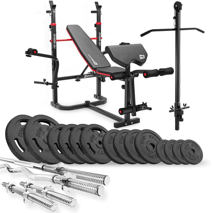 Conjunto de culturismo 76kg de la marca Hop-sport con banco de entrenamiento HS-1065 y polea