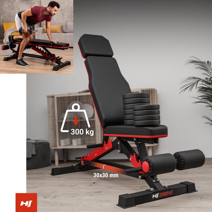 Banco de ejercicios resistente 2090HB de la marca Hop-Sport con una capacidad de carga máxima de 300kg