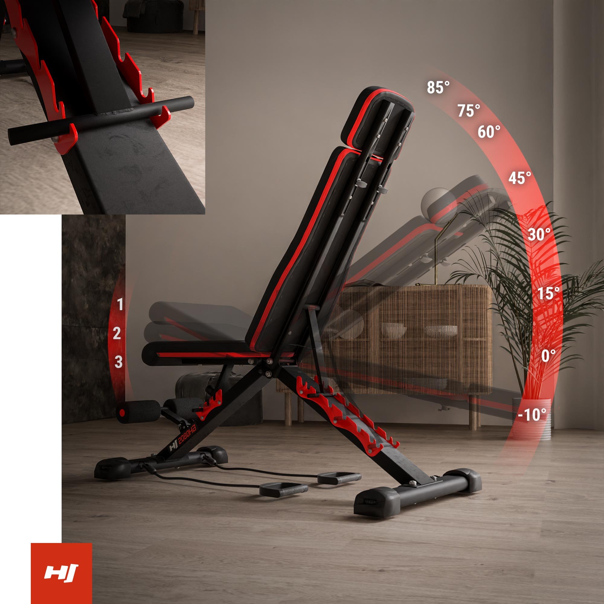 En la imagen se muestran las posibilidades de ajuste del respaldo y el asiento del banco 2080HB