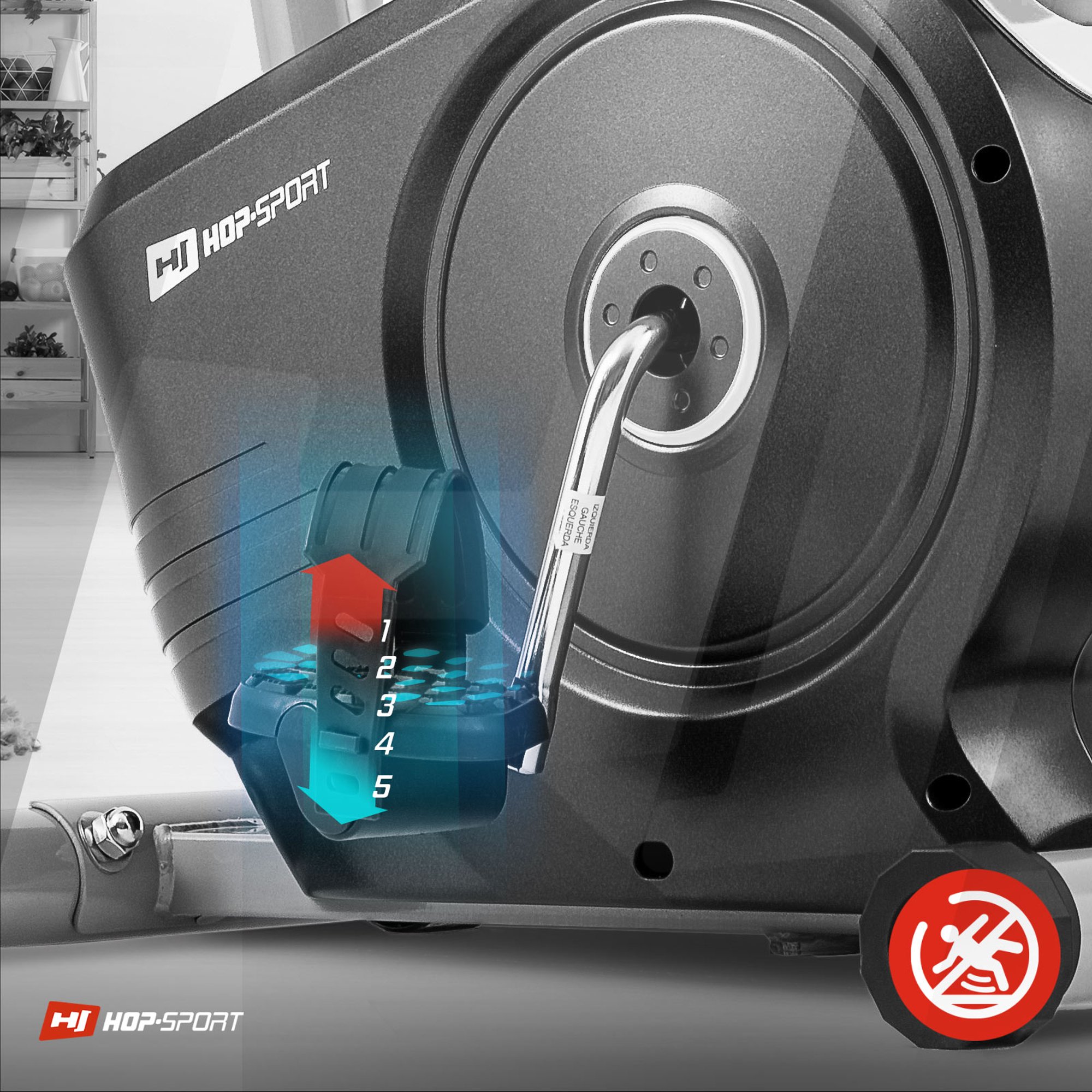 Bicicleta magnética HS-2050H Sonic plateada equipada con pedales con correas