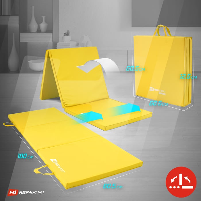 Posibilidad de plegado del colchón de gimnasia de la marca Hop-Sport en color amarillo