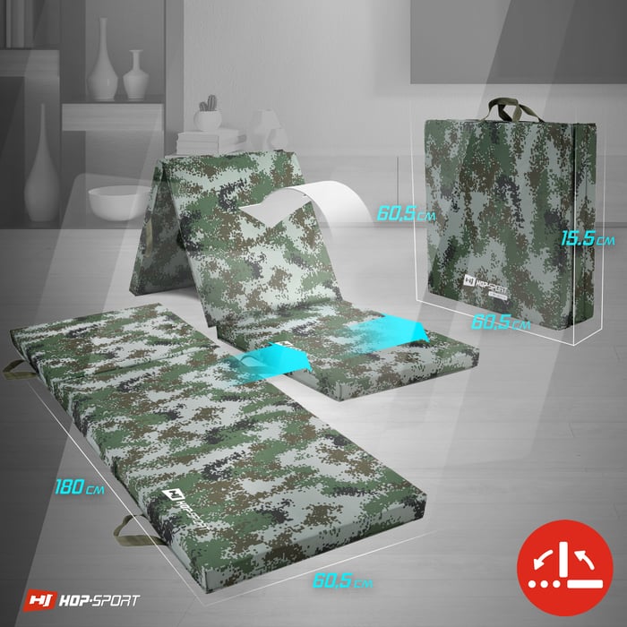 Posibilidad de plegado del colchón gimnástico de la marca Hop-Sport en color camuflaje